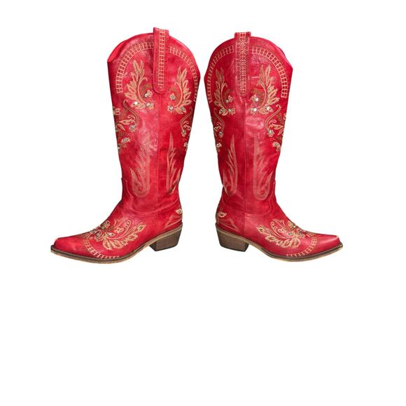 Glam Red Rhinestone Embroidered Cowboy Boots
Tall Side Zip Western - Picture 1 of 8